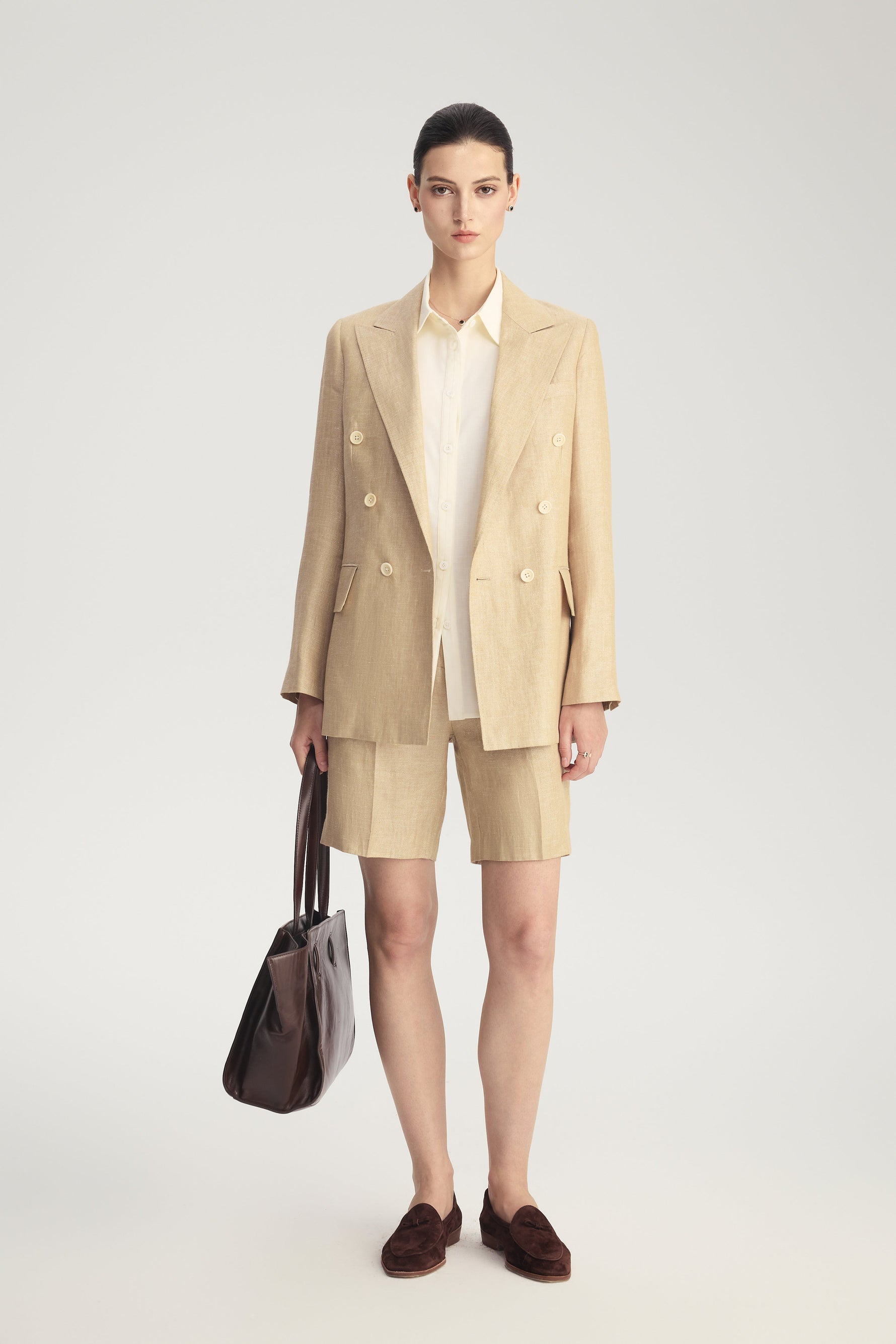 MIRA Metallic Linen Double-Breasted Blazer in Desert Titanium – front view