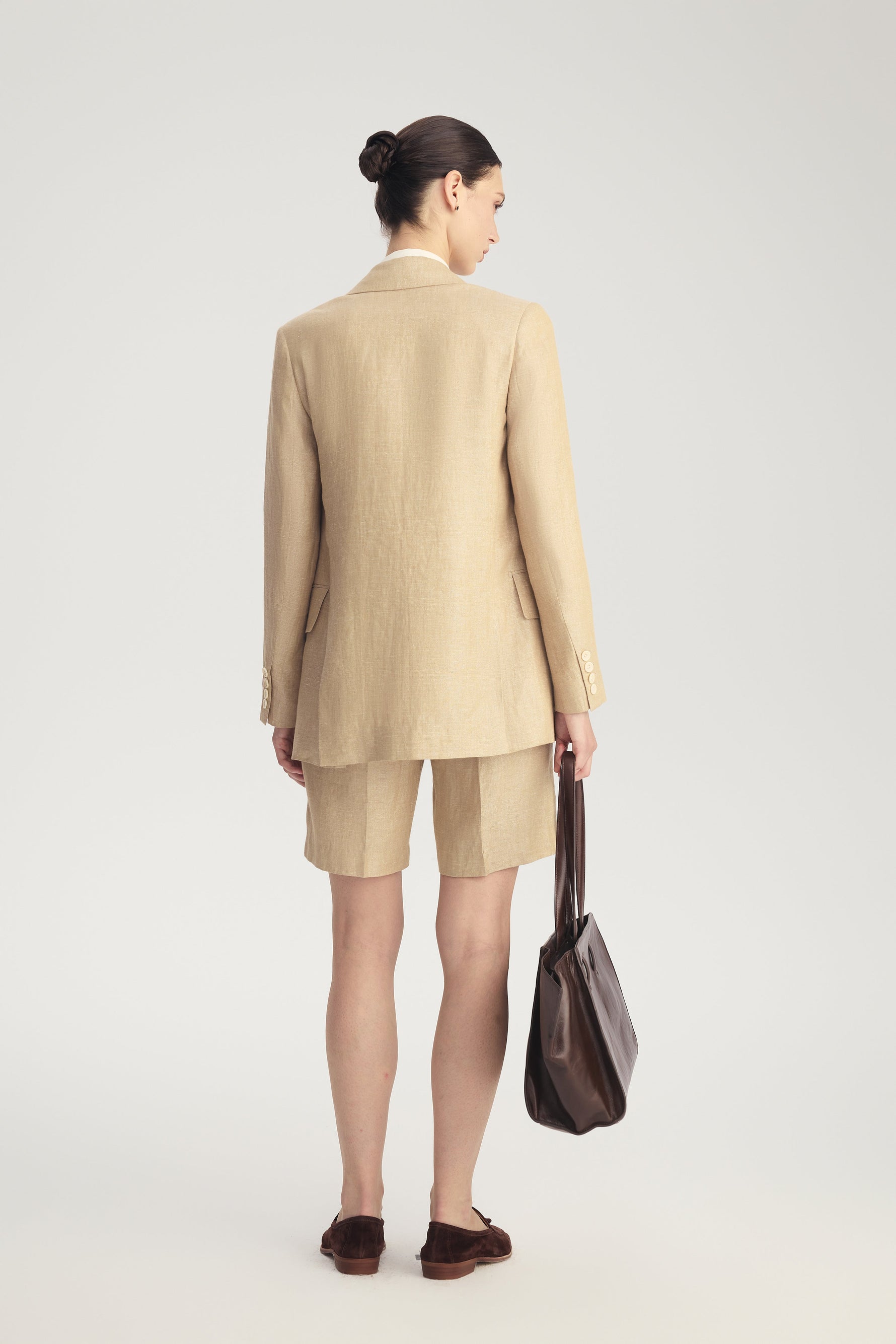 MIRA Metallic Linen Bermuda Shorts in Desert Titanium – view 3