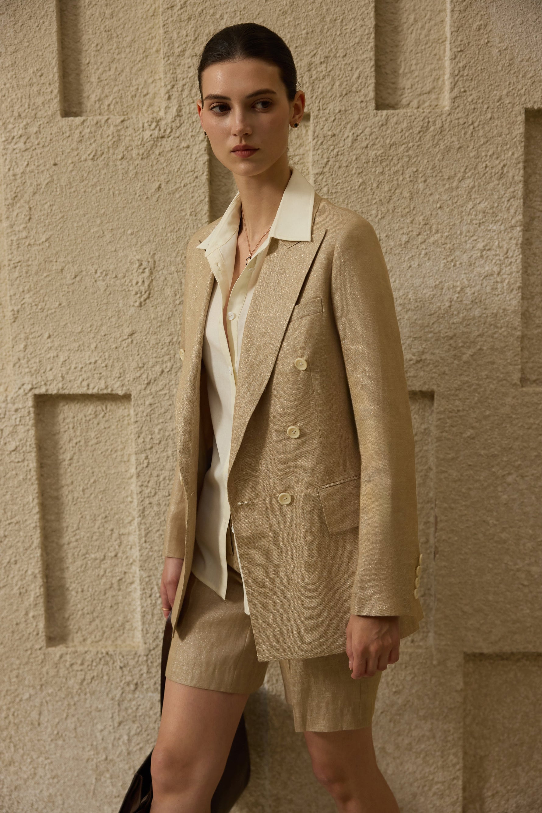 MIRA Metallic Linen Double-Breasted Blazer in Desert Titanium – view 12